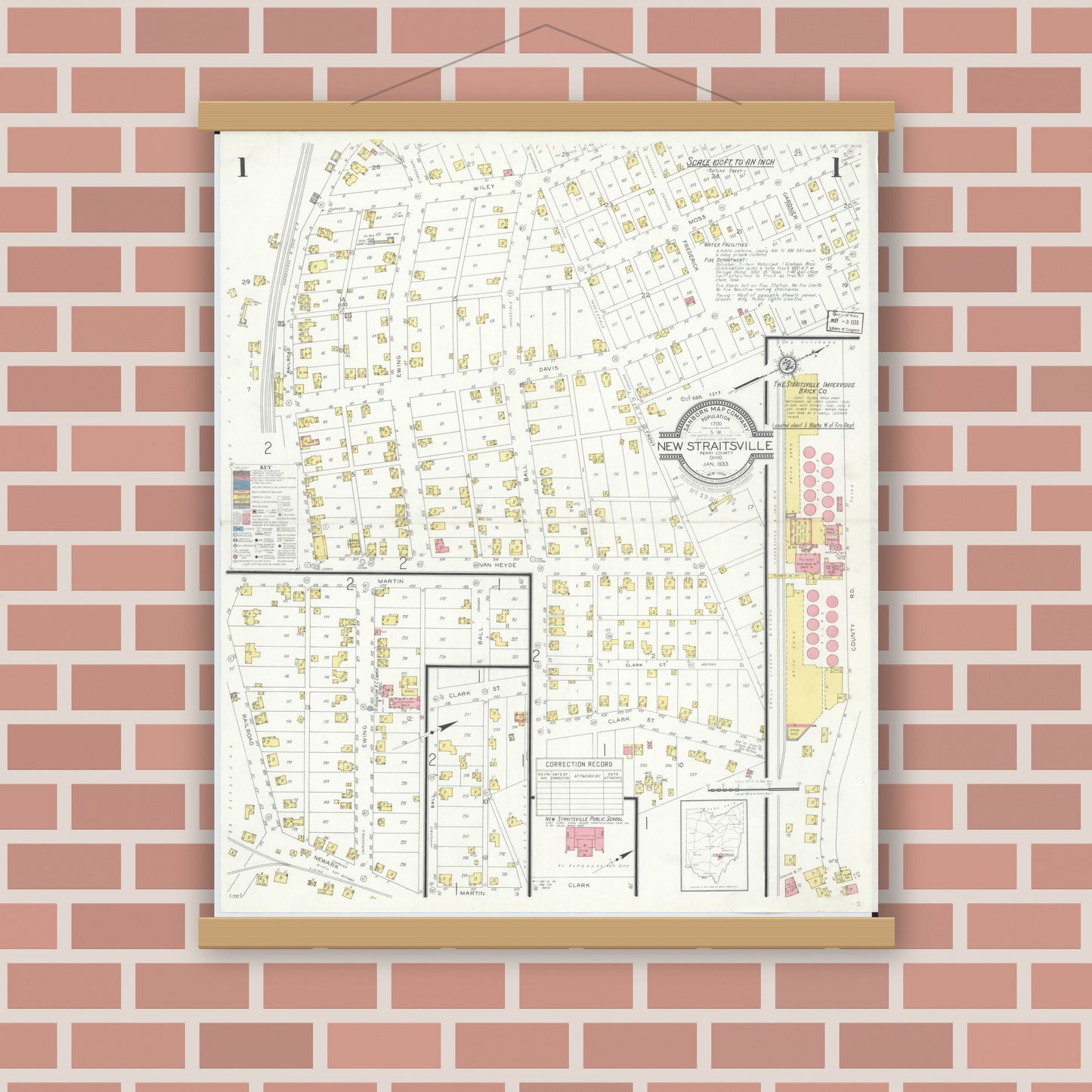 Old map wall art mockup — magnetic wood frame on brick wall — Sanborn Fire Insurance Map from New Straitsville, Perry County, Ohio (1933), Sheet #0001