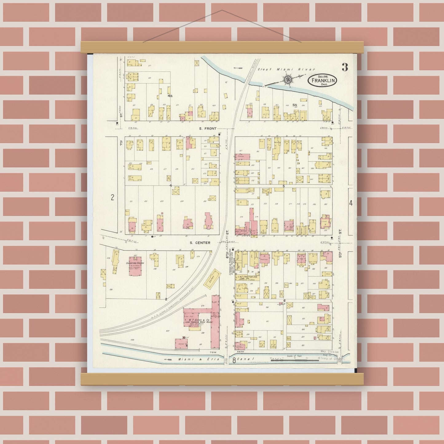 Old map wall art mockup — magnetic wood frame on brick wall — Sanborn Fire Insurance Map from Franklin, Warren County, Ohio (1916), Sheet #0003