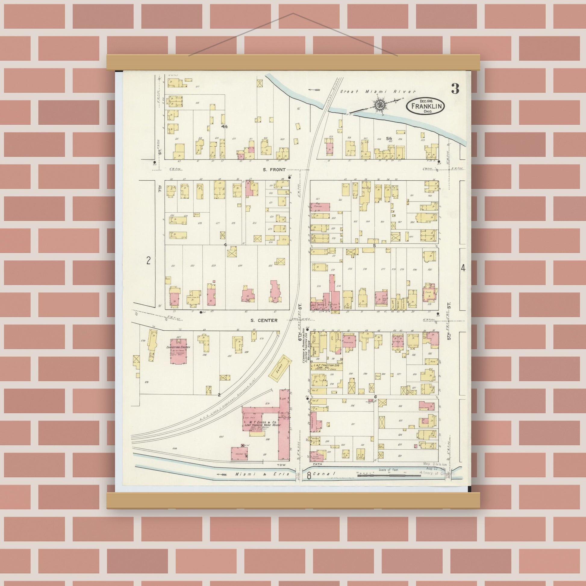 Old map wall art mockup — magnetic wood frame on brick wall — Sanborn Fire Insurance Map from Franklin, Warren County, Ohio (1916), Sheet #0003