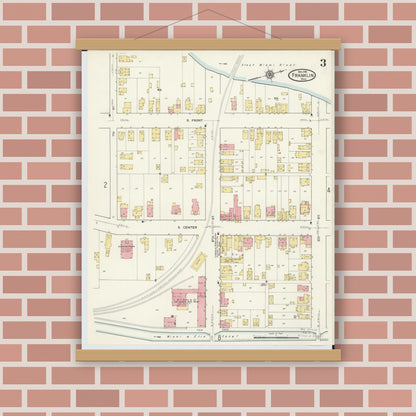 Old map wall art mockup — magnetic wood frame on brick wall — Sanborn Fire Insurance Map from Franklin, Warren County, Ohio (1916), Sheet #0003