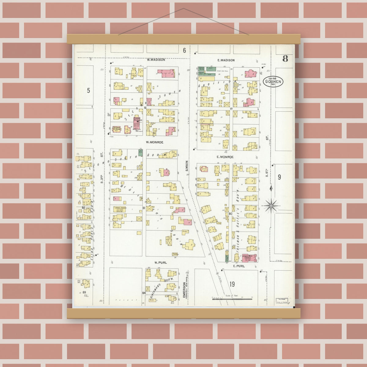Old map wall art mockup — magnetic wood frame on brick wall — Sanborn Fire Insurance Map from Goshen, Elkhart County, Indiana (1901), Sheet #0008