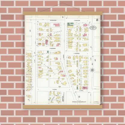 Old map wall art mockup — magnetic wood frame on brick wall — Sanborn Fire Insurance Map from Goshen, Elkhart County, Indiana (1901), Sheet #0008