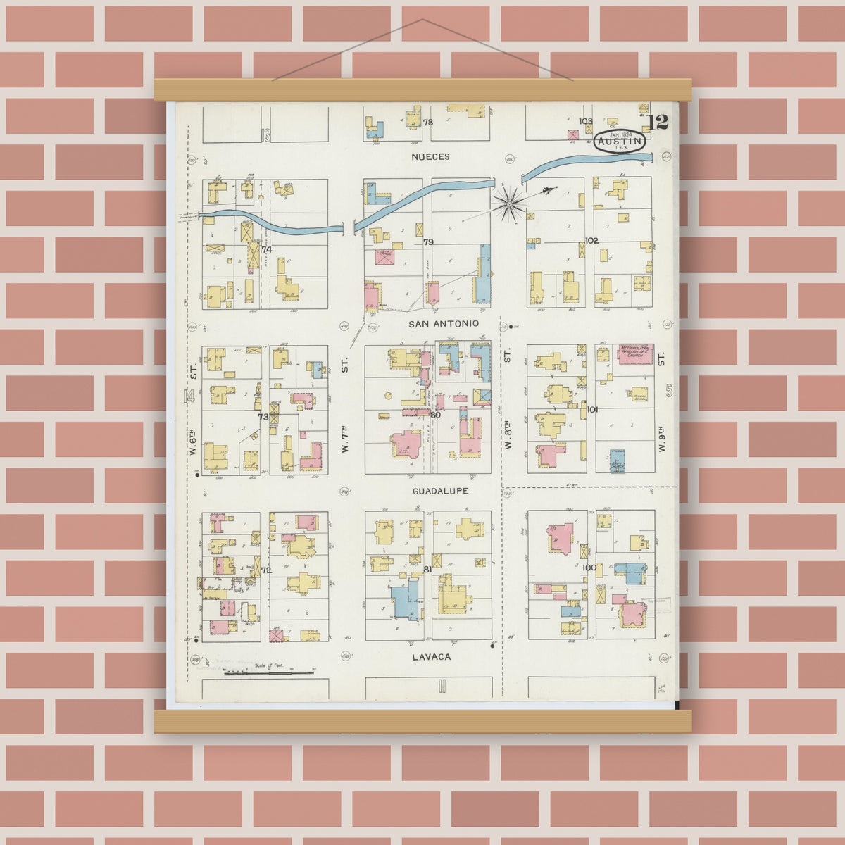 Old map wall art mockup — magnetic wood frame on brick wall — Sanborn Fire Insurance Map from Austin, Travis County, Texas (1894), Sheet #0012