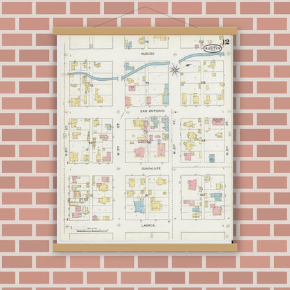 Old map wall art mockup — magnetic wood frame on brick wall — Sanborn Fire Insurance Map from Austin, Travis County, Texas (1894), Sheet #0012