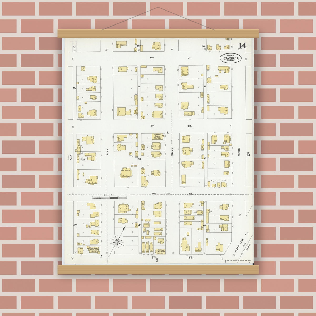 Old map wall art mockup — magnetic wood frame on brick wall — Sanborn Fire Insurance Map from Texarkana, Bowie County, Texas (1900), Sheet #0014