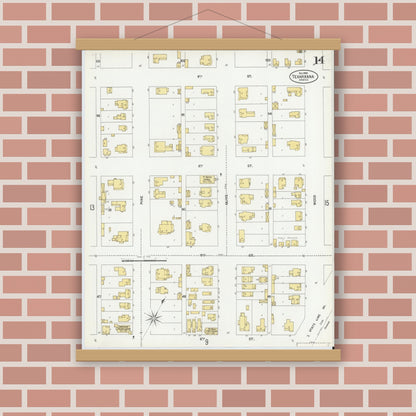 Old map wall art mockup — magnetic wood frame on brick wall — Sanborn Fire Insurance Map from Texarkana, Bowie County, Texas (1900), Sheet #0014