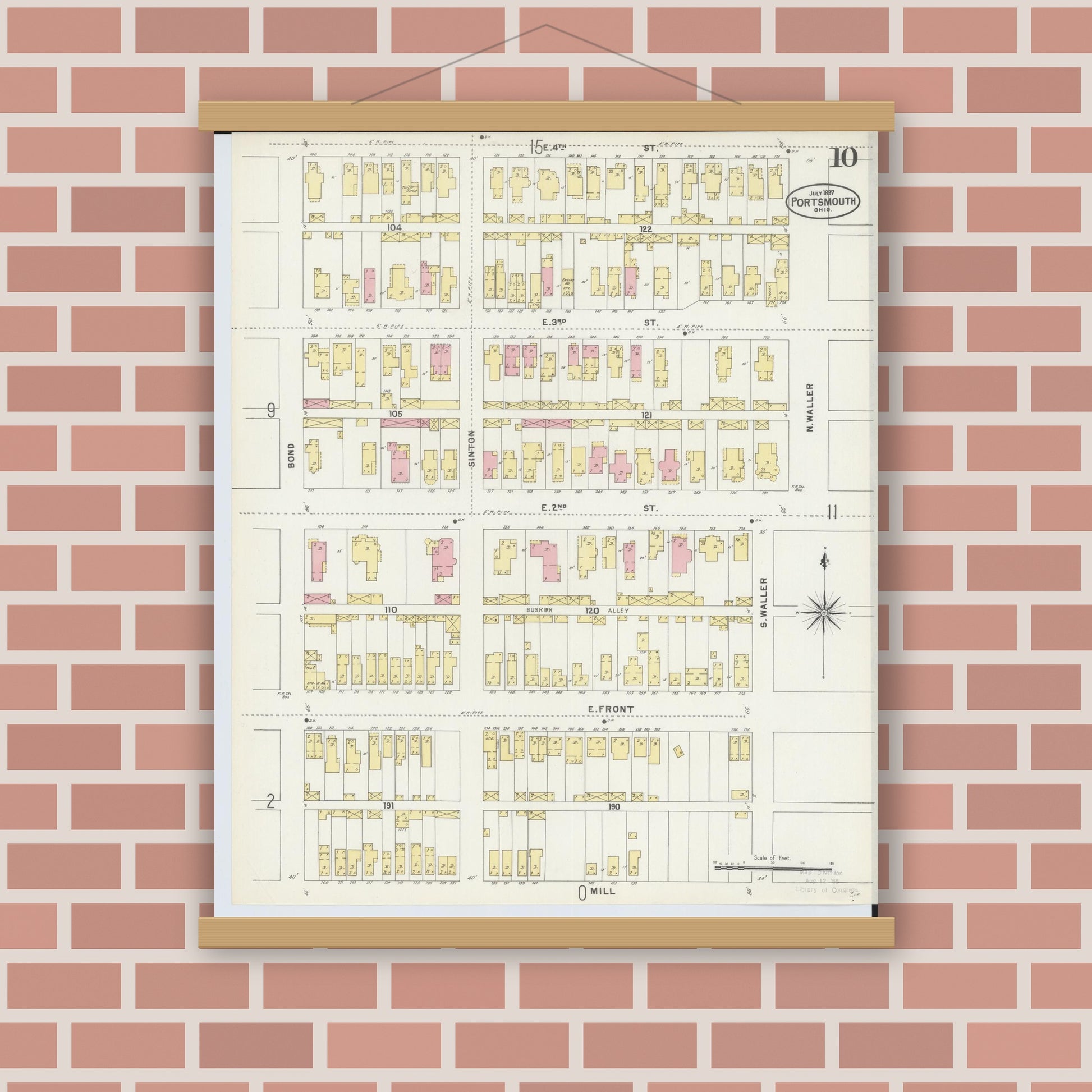 Old map wall art mockup — magnetic wood frame on brick wall — Sanborn Fire Insurance Map from Portsmouth, Scioto County, Ohio (1897), Sheet #0010