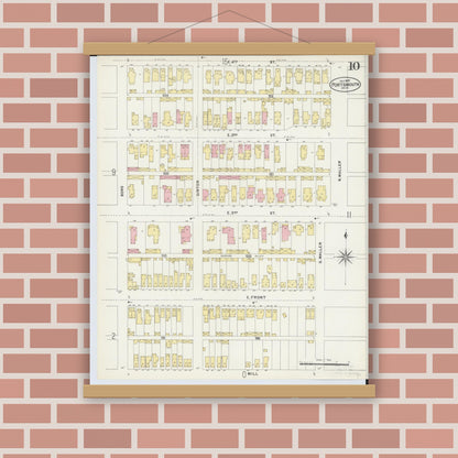 Old map wall art mockup — magnetic wood frame on brick wall — Sanborn Fire Insurance Map from Portsmouth, Scioto County, Ohio (1897), Sheet #0010