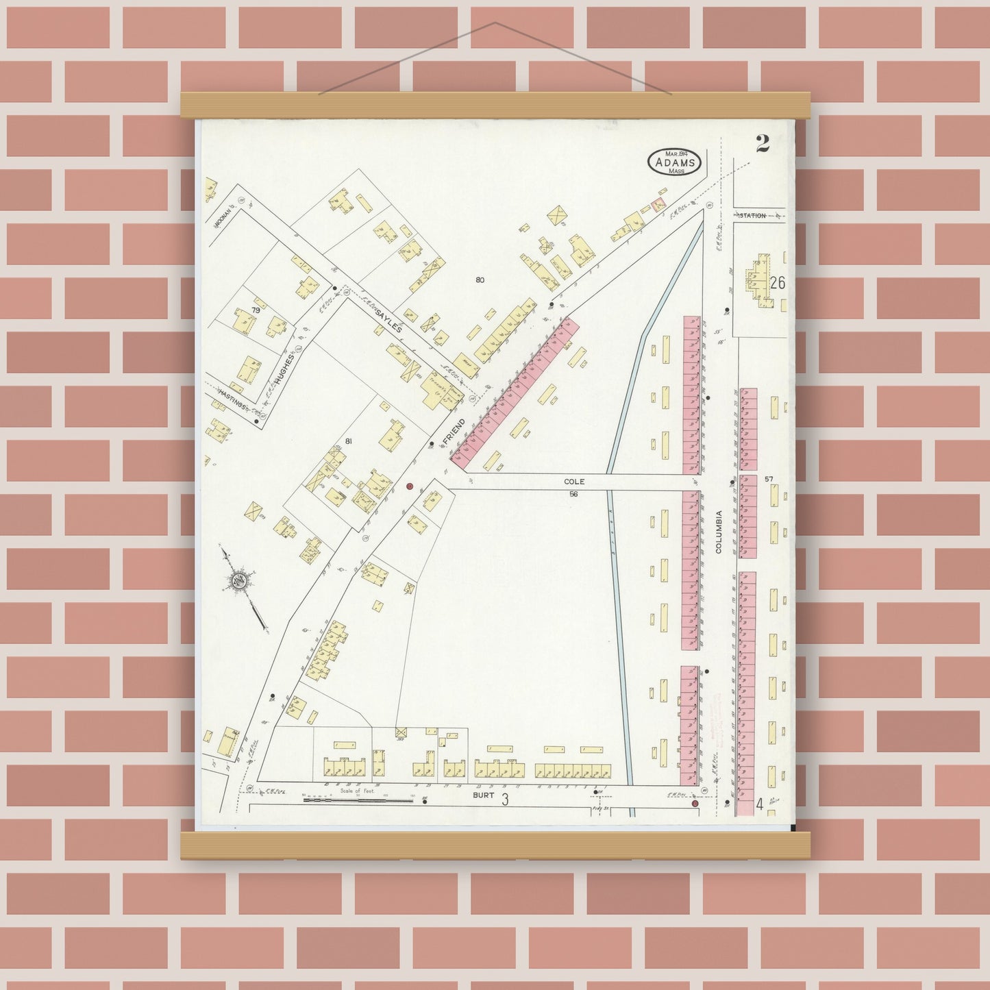 Old map wall art mockup — magnetic wood frame on brick wall — Sanborn Fire Insurance Map from Adams, Berkshire County, Massachusetts (1914), Sheet #0002