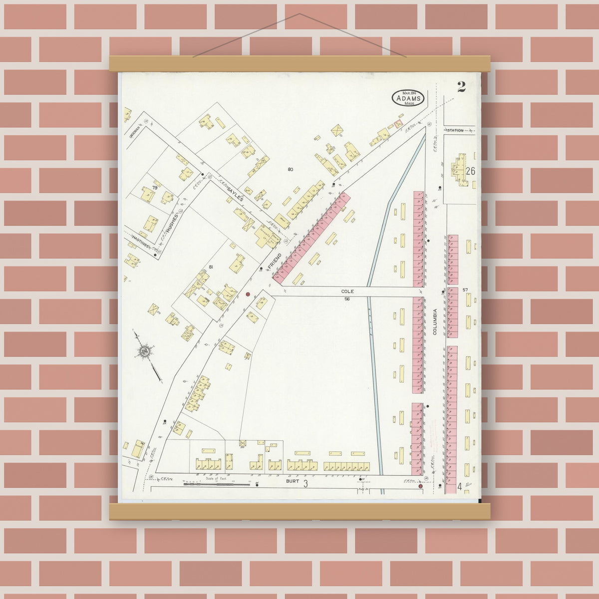 Old map wall art mockup — magnetic wood frame on brick wall — Sanborn Fire Insurance Map from Adams, Berkshire County, Massachusetts (1914), Sheet #0002