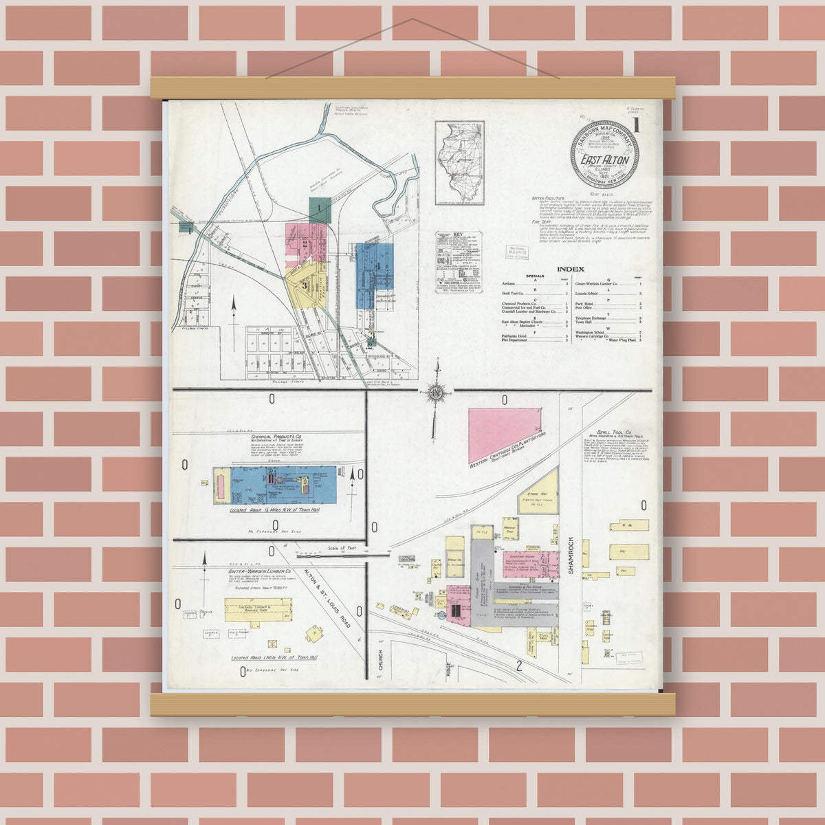 Old map wall art mockup — magnetic wood frame on brick wall — Sanborn Fire Insurance Map from East Alton, Madison County, Illinois (1921) - Complete Map Set