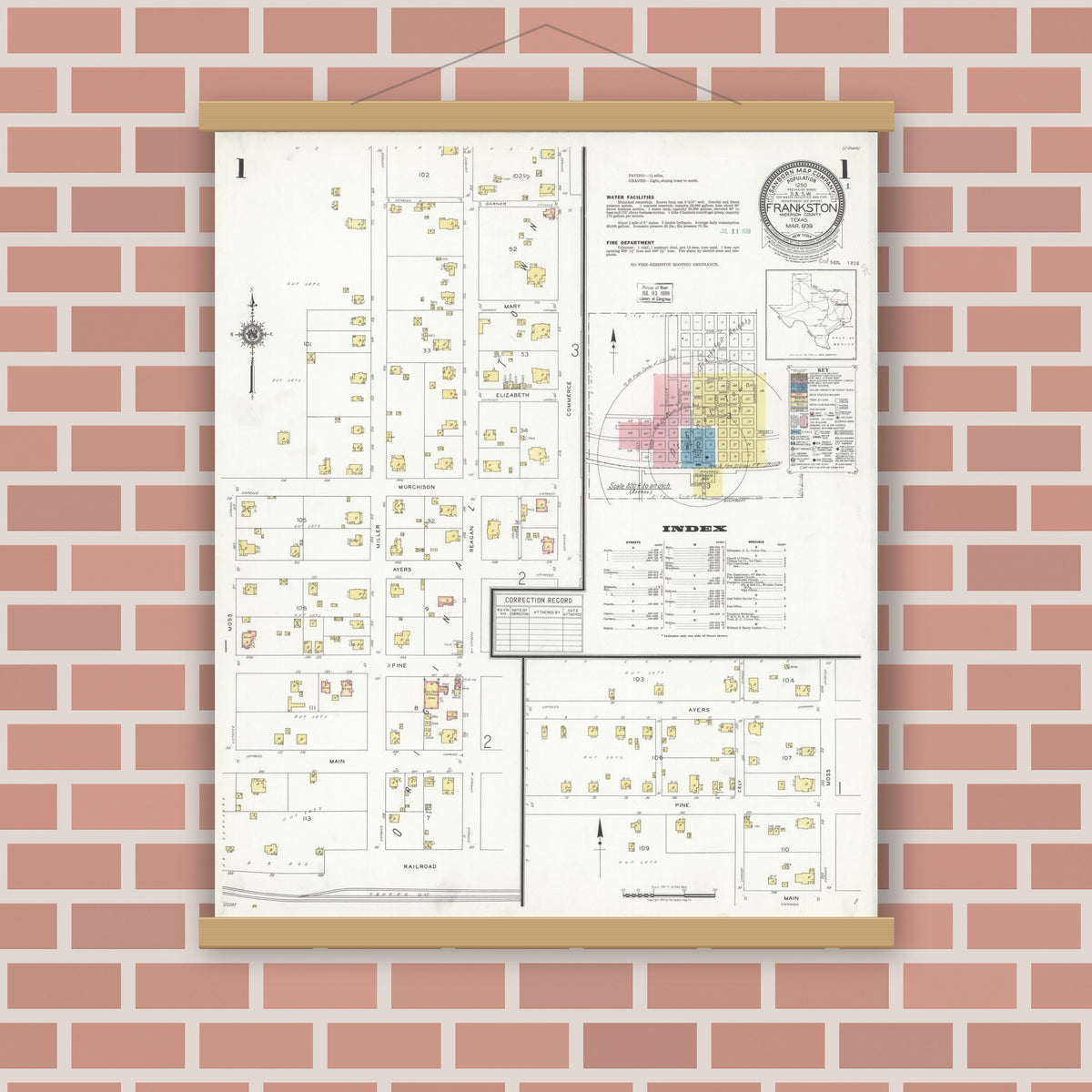 Old map wall art mockup — magnetic wood frame on brick wall — Sanborn Fire Insurance Map from Frankston, Anderson County, Texas (1939) - Complete Map Set