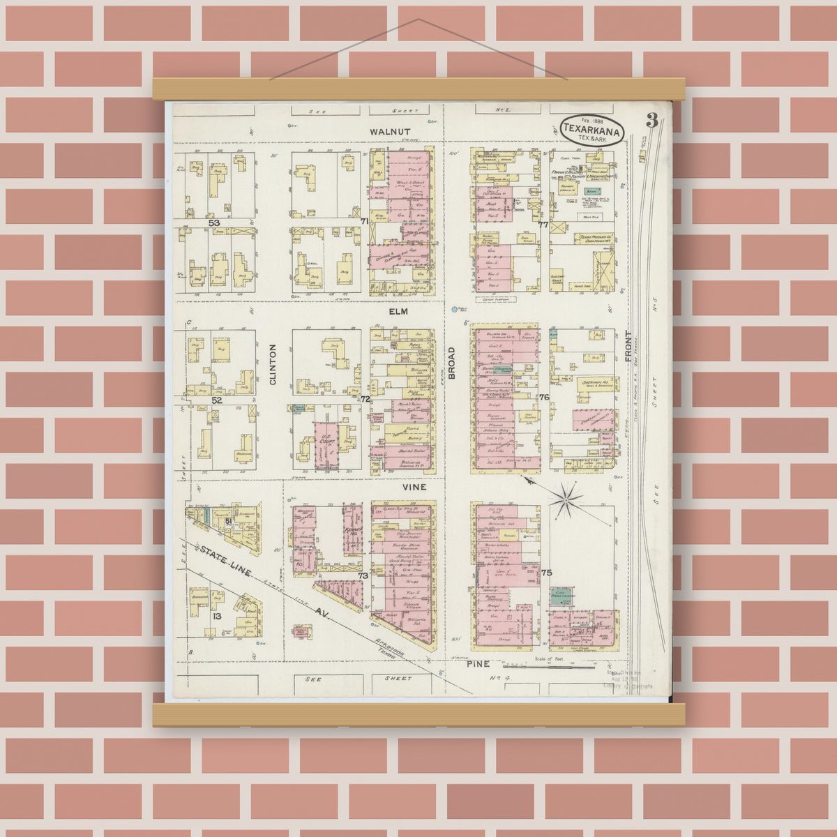 Old map wall art mockup — magnetic wood frame on brick wall — Sanborn Fire Insurance Map from Texarkana, Bowie County, Texas (1888), Sheet #0003