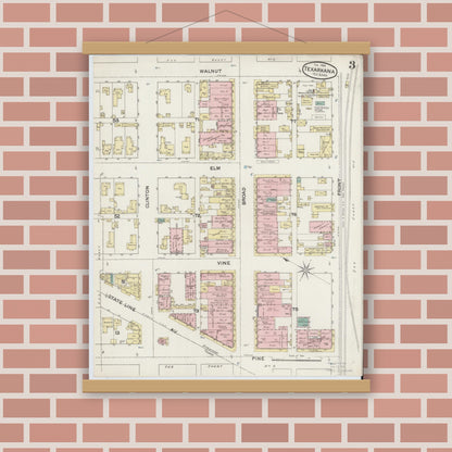 Old map wall art mockup — magnetic wood frame on brick wall — Sanborn Fire Insurance Map from Texarkana, Bowie County, Texas (1888), Sheet #0003