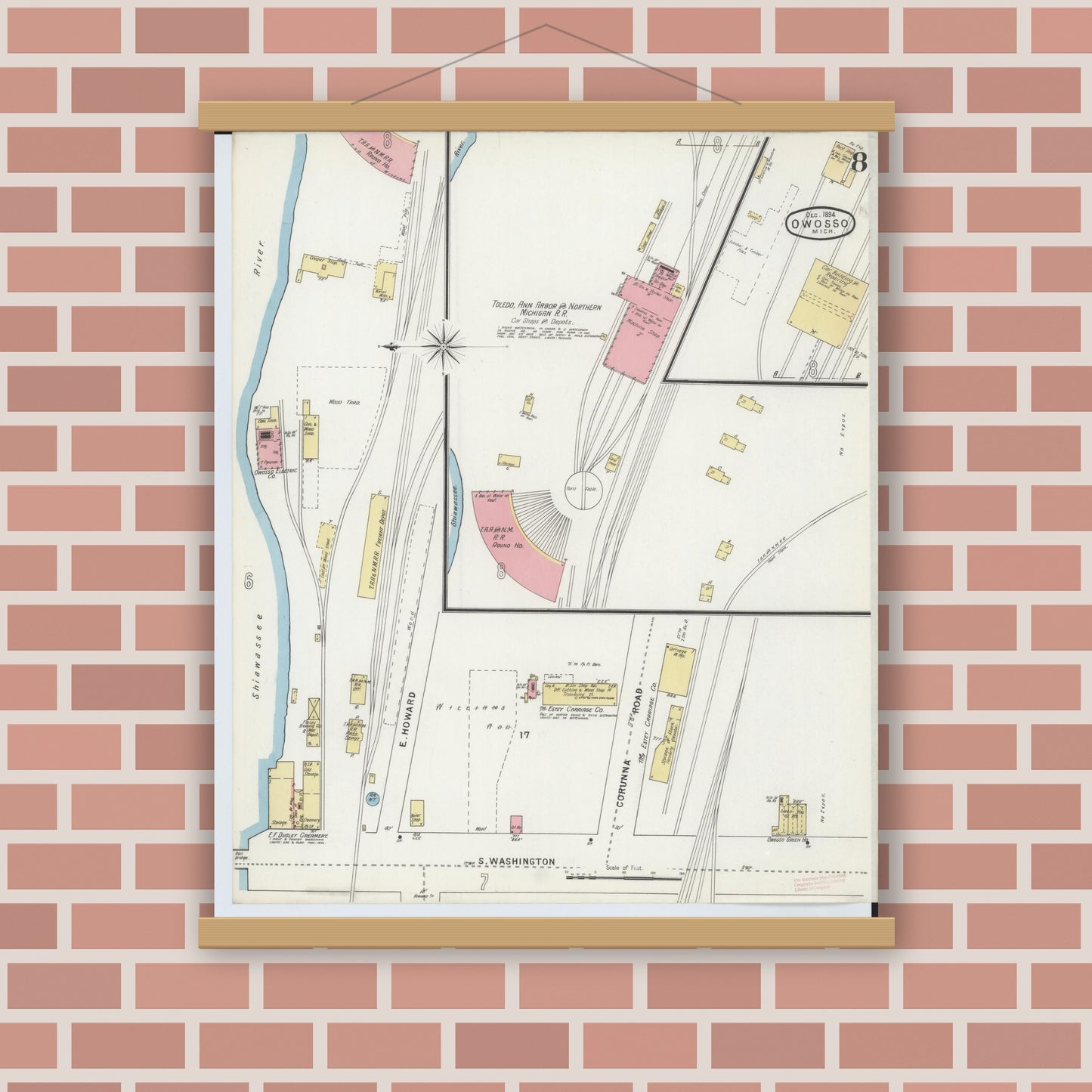 Old map wall art mockup — magnetic wood frame on brick wall — Sanborn Fire Insurance Map from Owosso, Shiawassee County, Michigan (1894), Sheet #0008