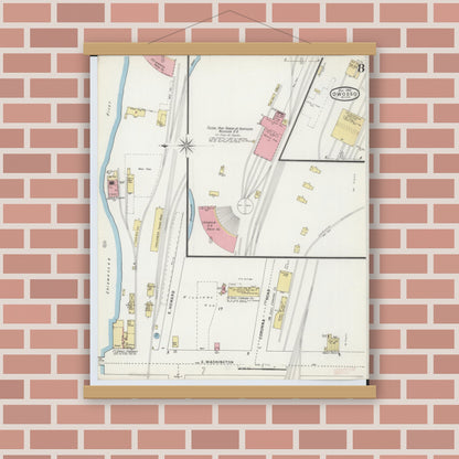 Old map wall art mockup — magnetic wood frame on brick wall — Sanborn Fire Insurance Map from Owosso, Shiawassee County, Michigan (1894), Sheet #0008