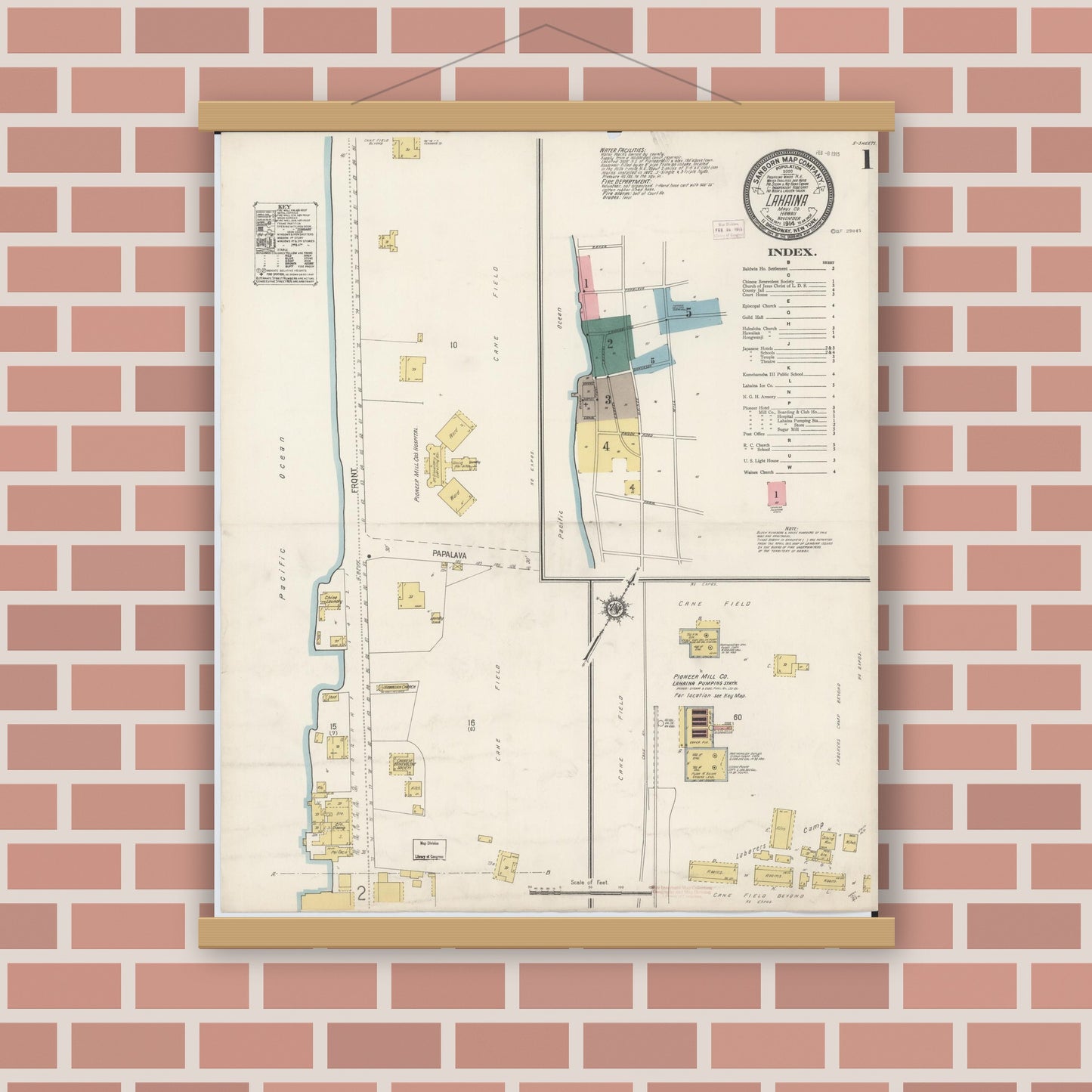 Old map wall art mockup — magnetic wood frame on brick wall — Sanborn Fire Insurance Map from Lahaina, Maui County, Hawaii (1914), Sheet #0001