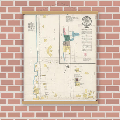 Old map wall art mockup — magnetic wood frame on brick wall — Sanborn Fire Insurance Map from Lahaina, Maui County, Hawaii (1914), Sheet #0001
