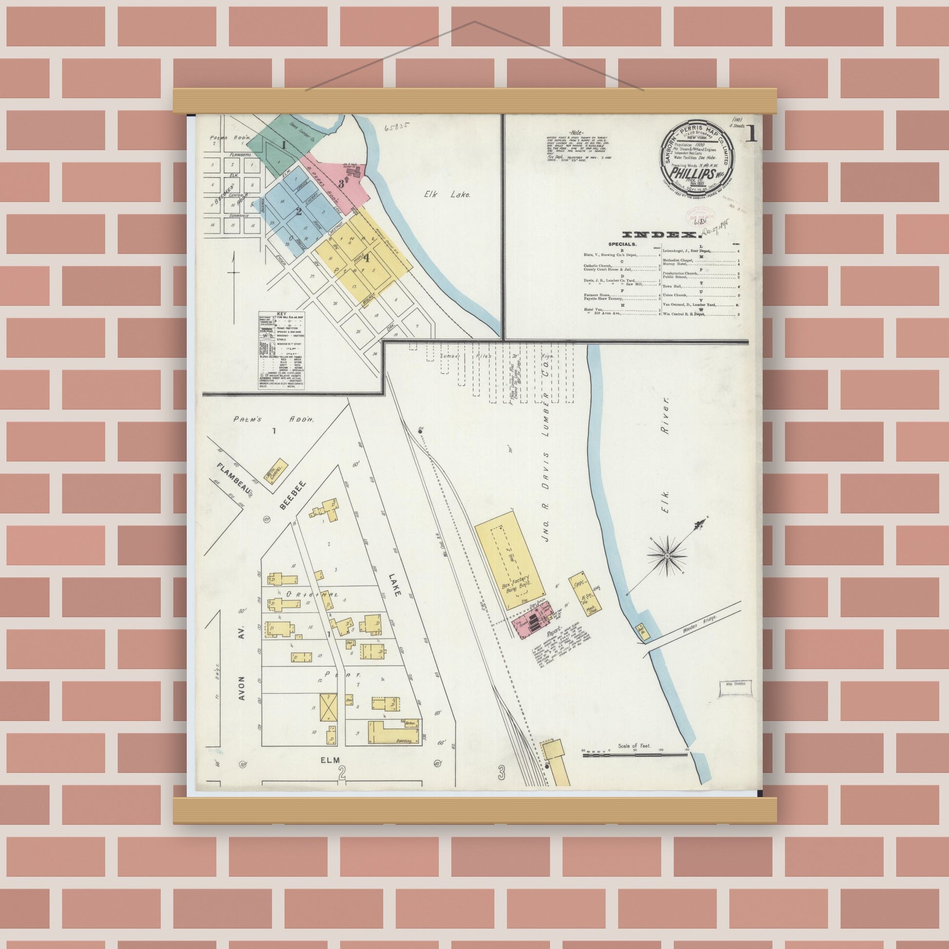 Old map wall art mockup — magnetic wood frame on brick wall — Sanborn Fire Insurance Map from Phillips, Price County, Wisconsin (1895) - Complete Map Set