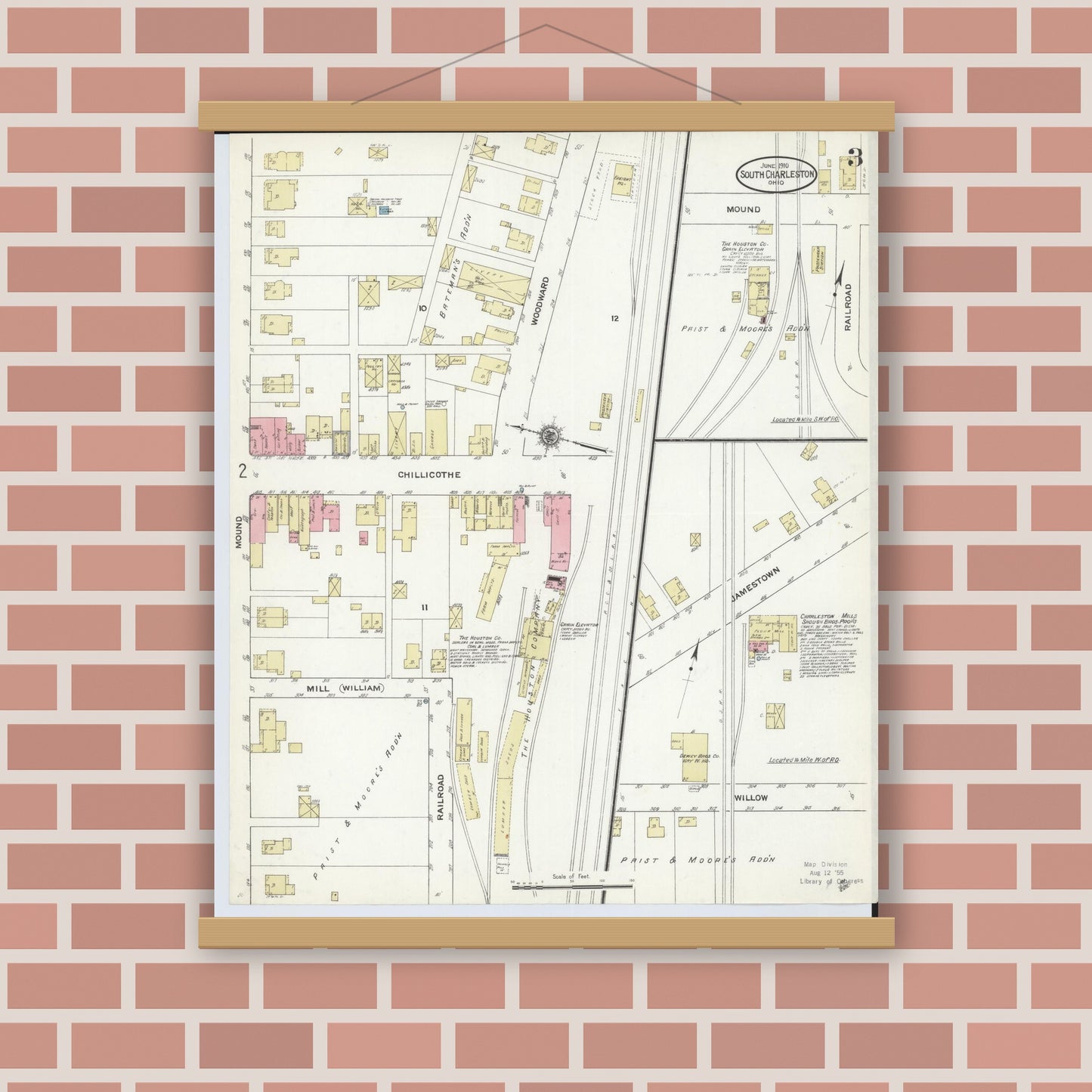 Old map wall art mockup — magnetic wood frame on brick wall — Sanborn Fire Insurance Map from South Charleston, Clark County, Ohio (1910), Sheet #0003