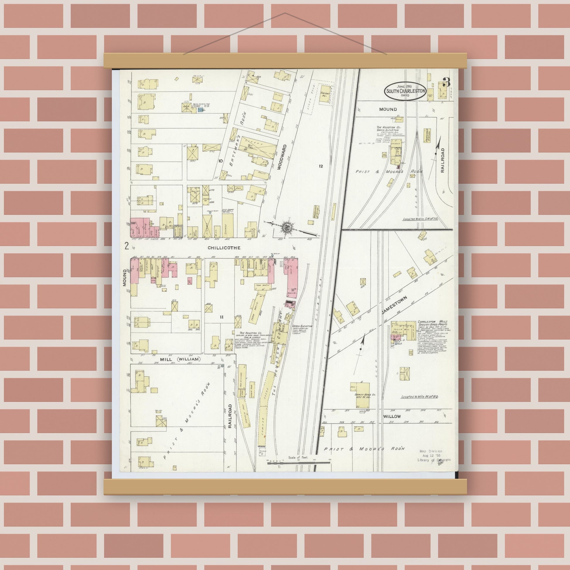 Old map wall art mockup — magnetic wood frame on brick wall — Sanborn Fire Insurance Map from South Charleston, Clark County, Ohio (1910), Sheet #0003