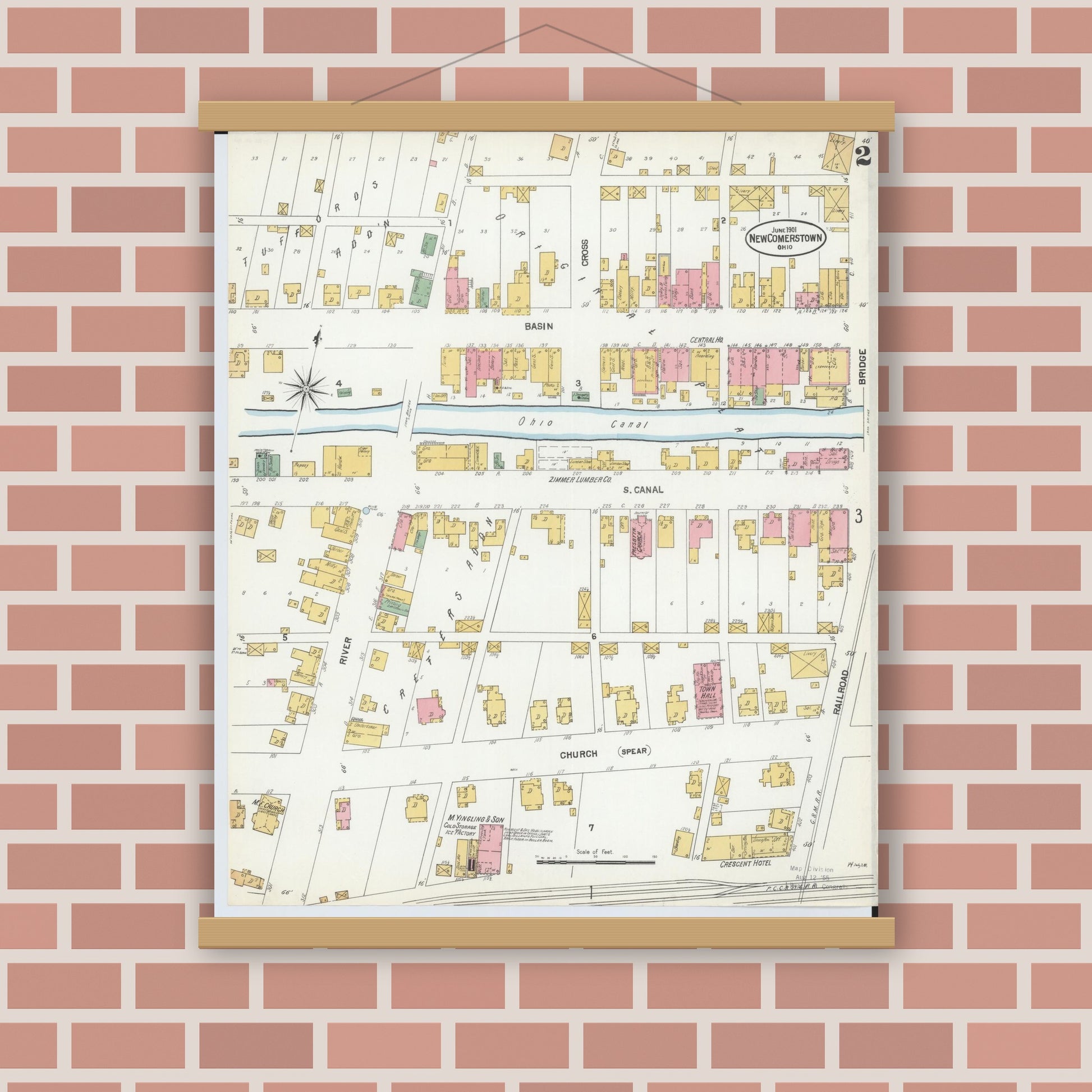 Old map wall art mockup — magnetic wood frame on brick wall — Sanborn Fire Insurance Map from Newcomerstown, Tuscarawas County, Ohio (1901), Sheet #0002