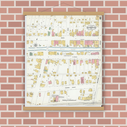 Old map wall art mockup — magnetic wood frame on brick wall — Sanborn Fire Insurance Map from Newcomerstown, Tuscarawas County, Ohio (1901), Sheet #0002