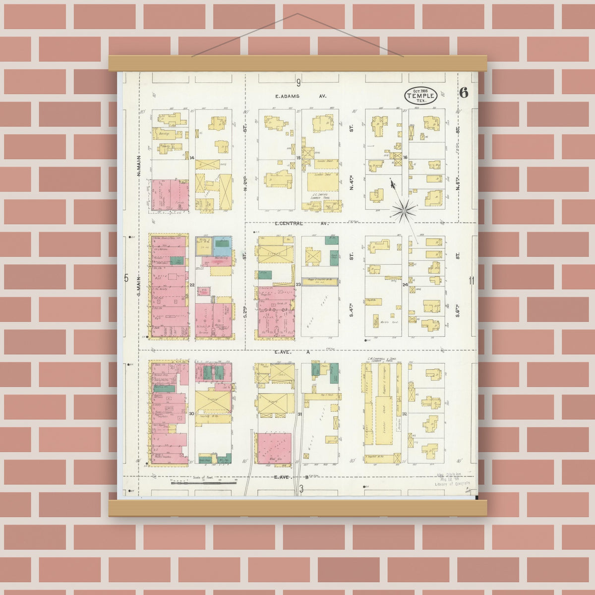Old map wall art mockup — magnetic wood frame on brick wall — Sanborn Fire Insurance Map from Temple, Bell County, Texas (1905), Sheet #0006