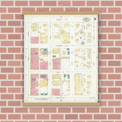 Old map wall art mockup — magnetic wood frame on brick wall — Sanborn Fire Insurance Map from Temple, Bell County, Texas (1905), Sheet #0006
