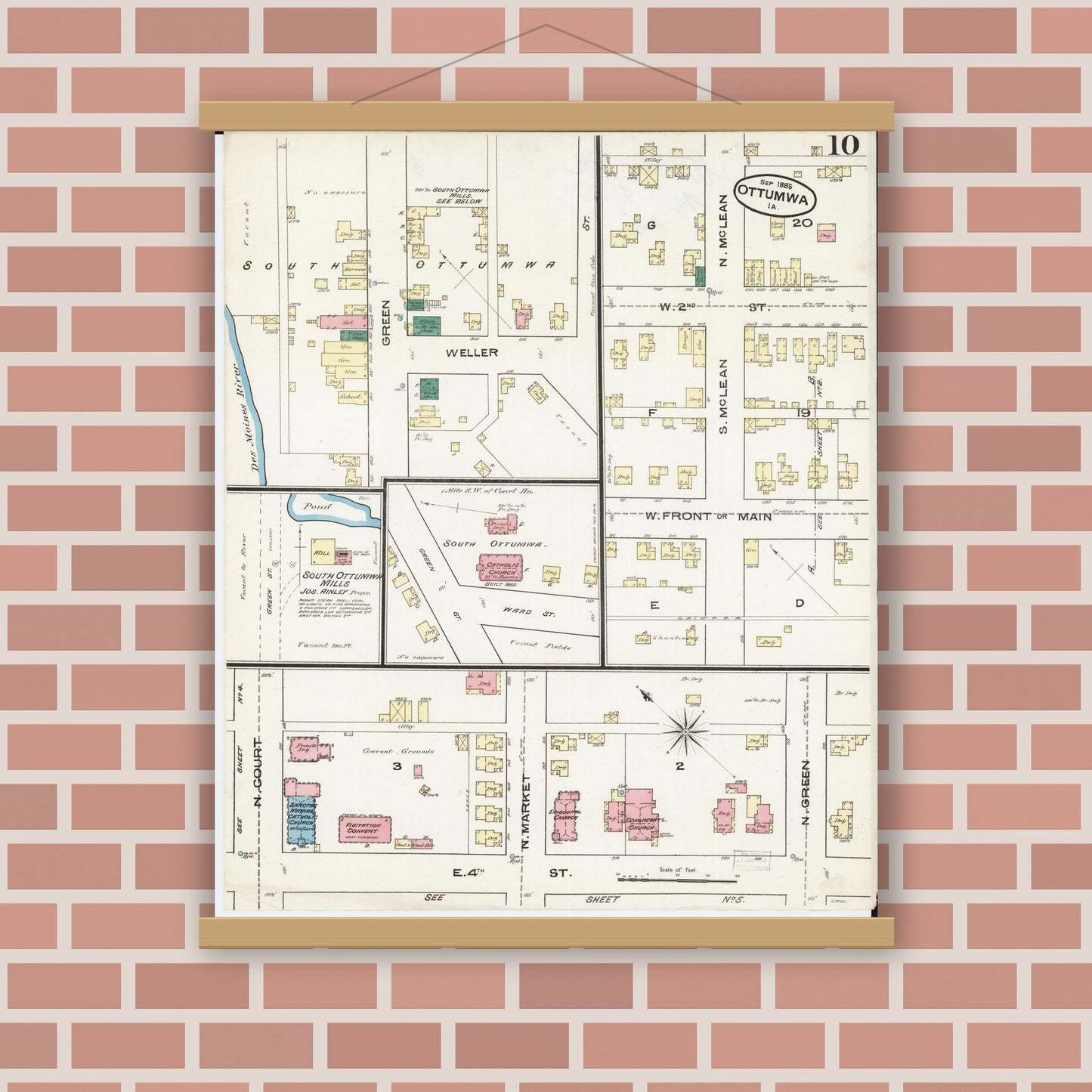 Old map wall art mockup — magnetic wood frame on brick wall — Sanborn Fire Insurance Map from Ottumwa, Wapello County, Iowa (1885), Sheet #0010