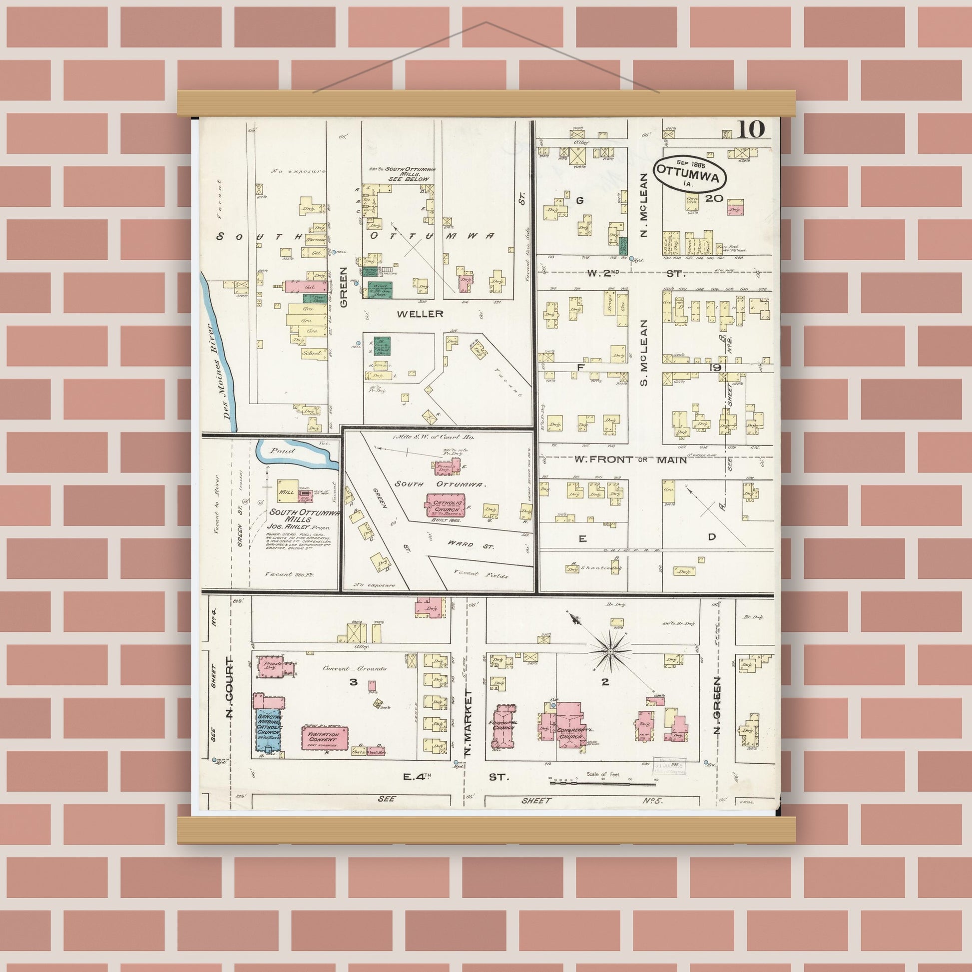 Old map wall art mockup — magnetic wood frame on brick wall — Sanborn Fire Insurance Map from Ottumwa, Wapello County, Iowa (1885), Sheet #0010