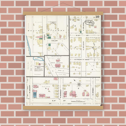 Old map wall art mockup — magnetic wood frame on brick wall — Sanborn Fire Insurance Map from Ottumwa, Wapello County, Iowa (1885), Sheet #0010