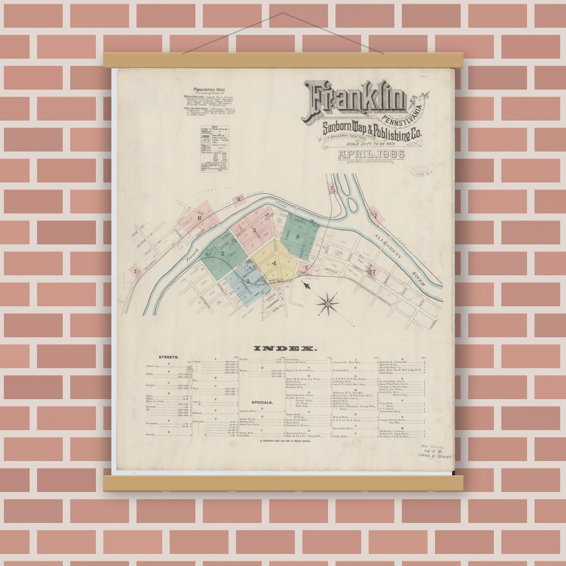 Old map wall art mockup — magnetic wood frame on brick wall — Sanborn Fire Insurance Map from Franklin, Venango County, Pennsylvania (1888) - Complete Map Set