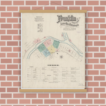 Old map wall art mockup — magnetic wood frame on brick wall — Sanborn Fire Insurance Map from Franklin, Venango County, Pennsylvania (1888) - Complete Map Set