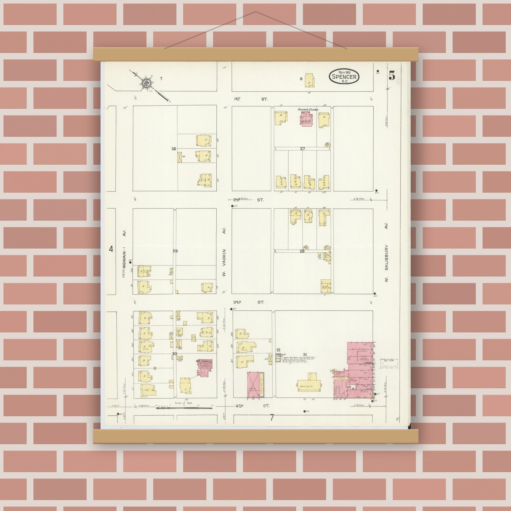 Old map wall art mockup — magnetic wood frame on brick wall — Sanborn Fire Insurance Map from Spencer, Rowan County, North Carolina (1913), Sheet #0005