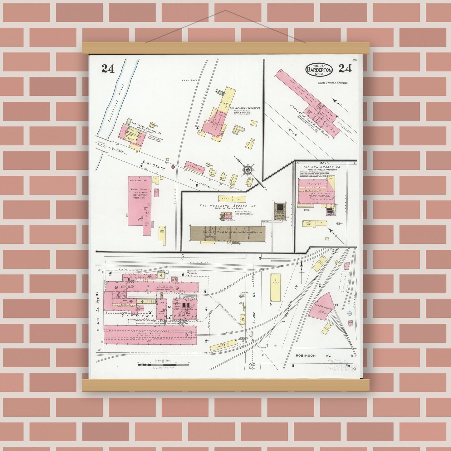 Old map wall art mockup — magnetic wood frame on brick wall — Sanborn Fire Insurance Map from Barberton, Summit County, Ohio (1927), Sheet #0024