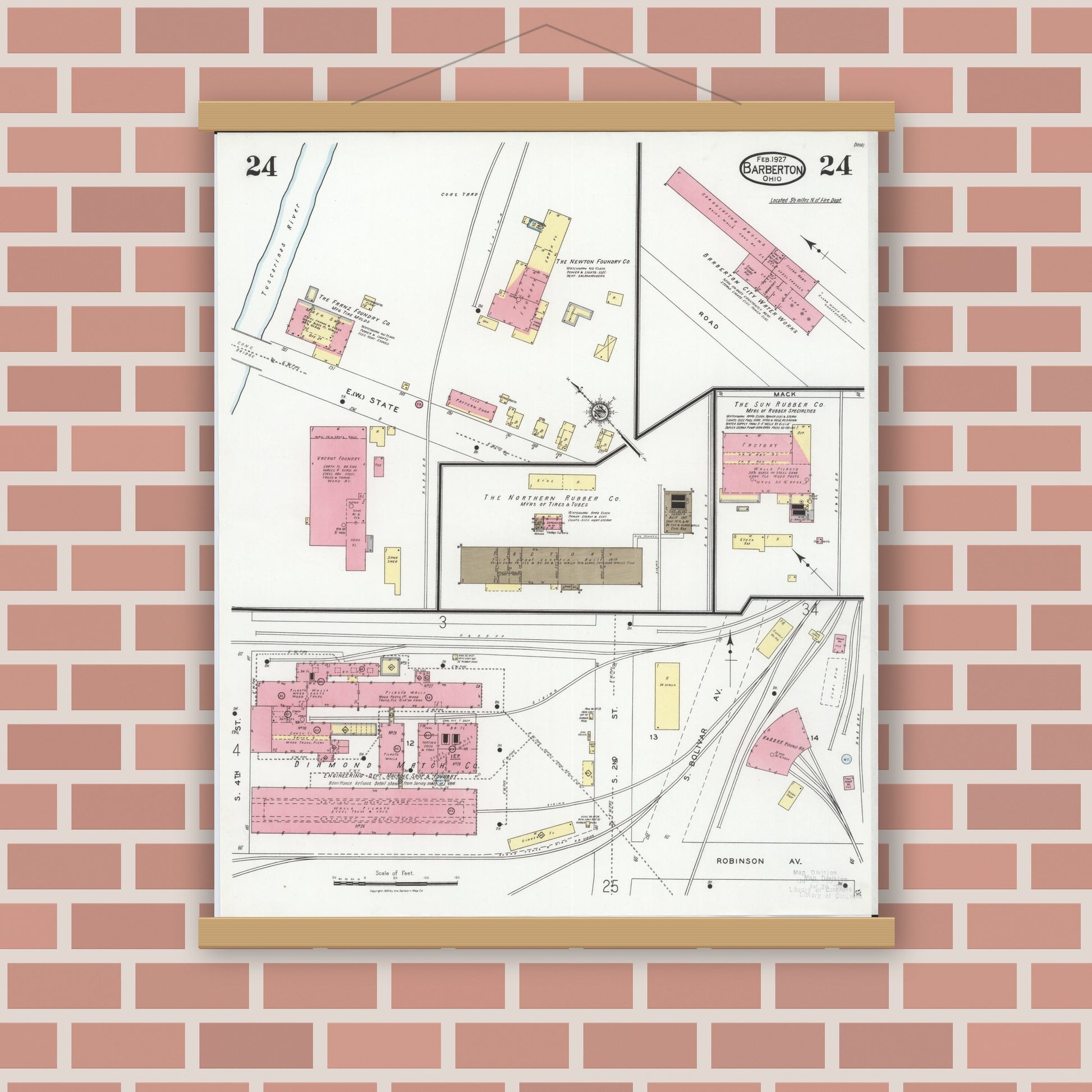 Old map wall art mockup — magnetic wood frame on brick wall — Sanborn Fire Insurance Map from Barberton, Summit County, Ohio (1927), Sheet #0024