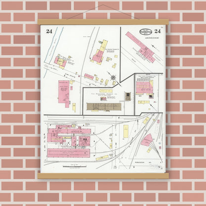 Old map wall art mockup — magnetic wood frame on brick wall — Sanborn Fire Insurance Map from Barberton, Summit County, Ohio (1927), Sheet #0024