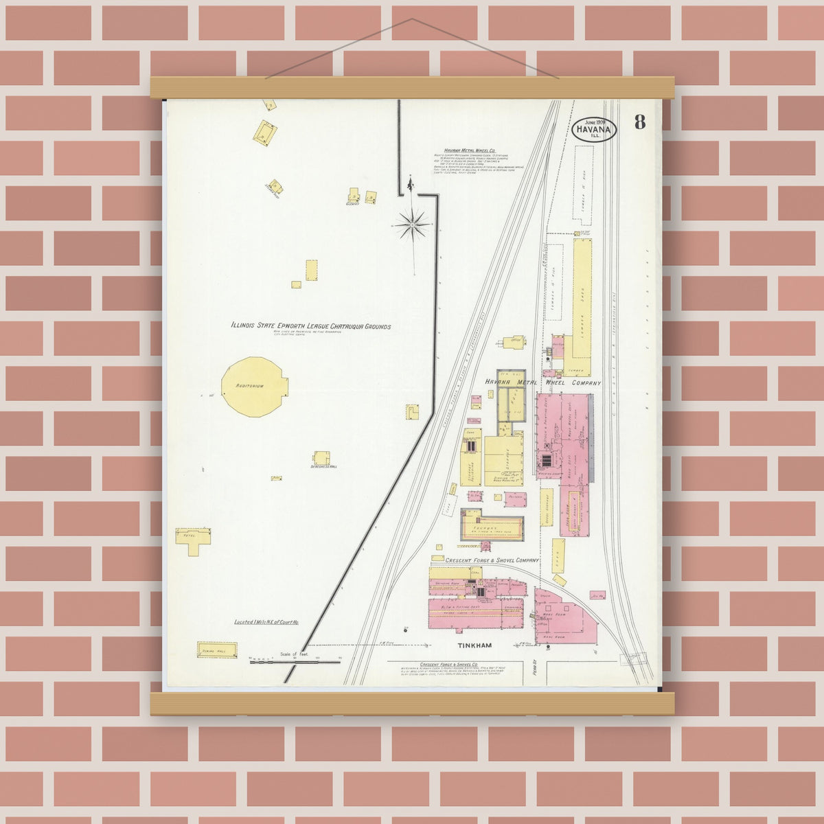 Old map wall art mockup — magnetic wood frame on brick wall — Sanborn Fire Insurance Map from Havana, Mason County, Illinois (1909), Sheet #0008