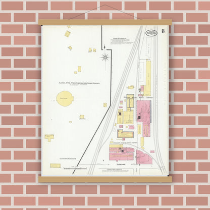 Old map wall art mockup — magnetic wood frame on brick wall — Sanborn Fire Insurance Map from Havana, Mason County, Illinois (1909), Sheet #0008