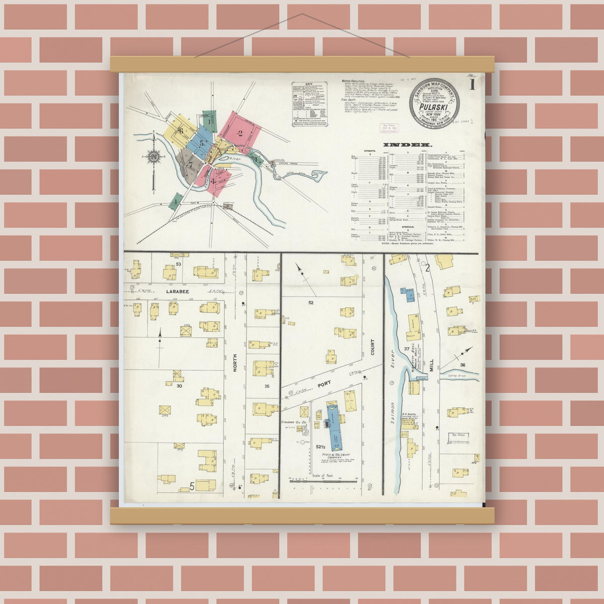 Old map wall art mockup — magnetic wood frame on brick wall — Sanborn Fire Insurance Map from Pulaski, Oswego County, New York (1911) - Complete Map Set
