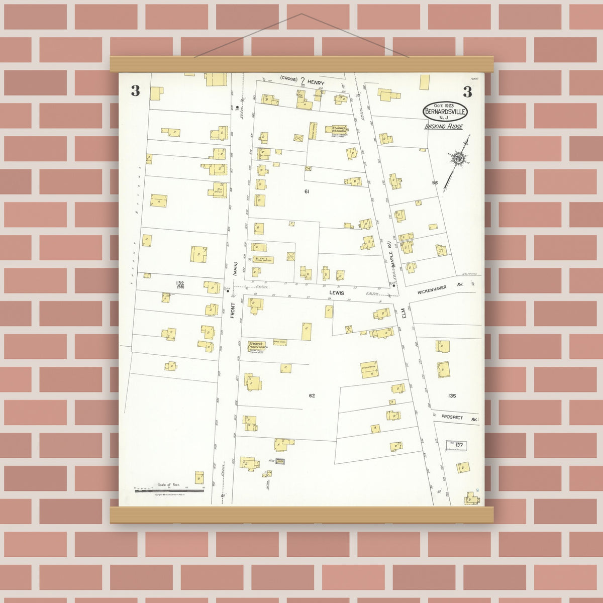 Old map wall art mockup — magnetic wood frame on brick wall — Sanborn Fire Insurance Map from Bernardsville, Somerset County, New Jersey (1923), Sheet #0003