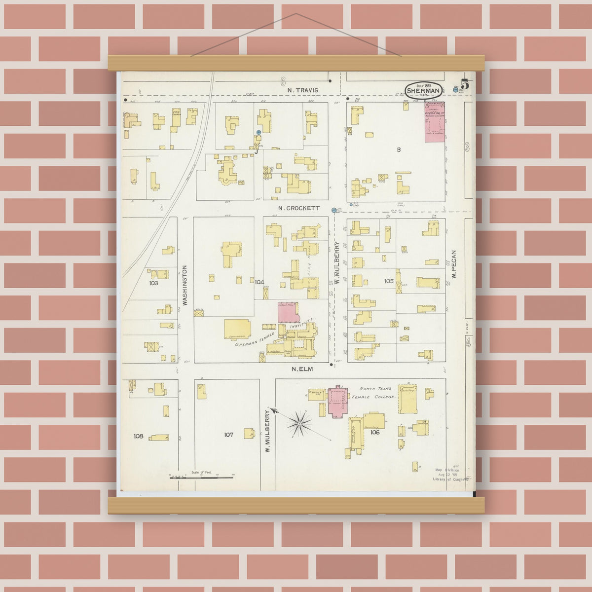 Old map wall art mockup — magnetic wood frame on brick wall — Sanborn Fire Insurance Map from Sherman, Grayson County, Texas (1892), Sheet #0005