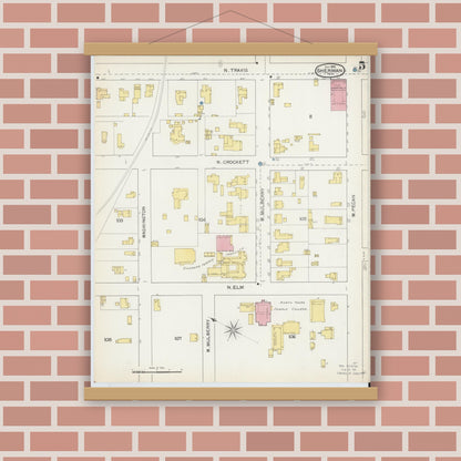 Old map wall art mockup — magnetic wood frame on brick wall — Sanborn Fire Insurance Map from Sherman, Grayson County, Texas (1892), Sheet #0005