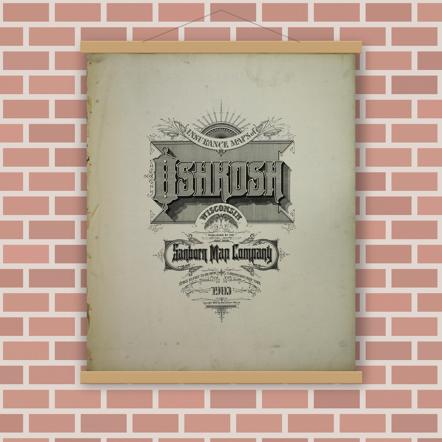 Old map wall art mockup — magnetic wood frame on brick wall — Sanborn Fire Insurance Map from Oshkosh, Winnebago County, Wisconsin (1903), Sheet #0001