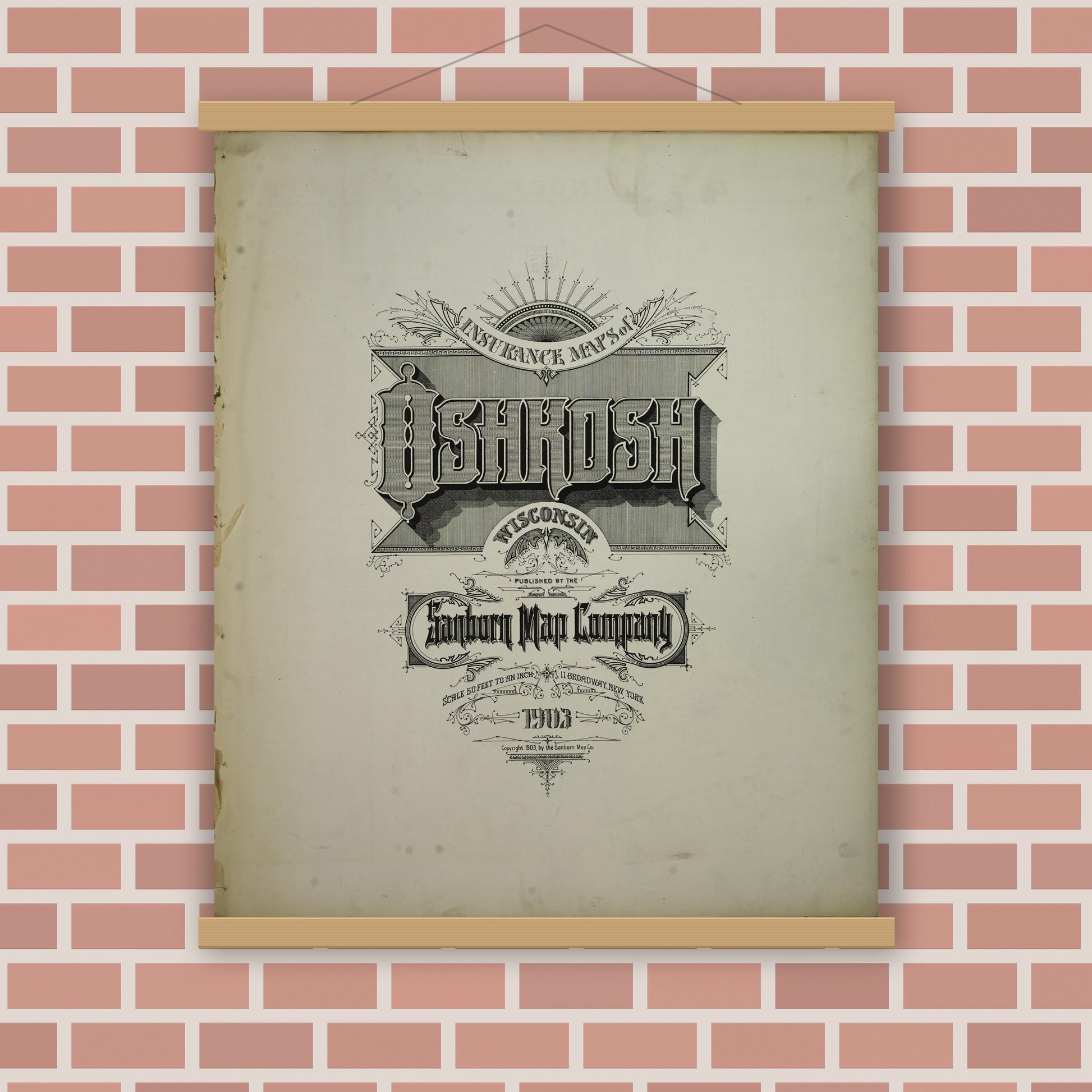 Old map wall art mockup — magnetic wood frame on brick wall — Sanborn Fire Insurance Map from Oshkosh, Winnebago County, Wisconsin (1903), Sheet #0001