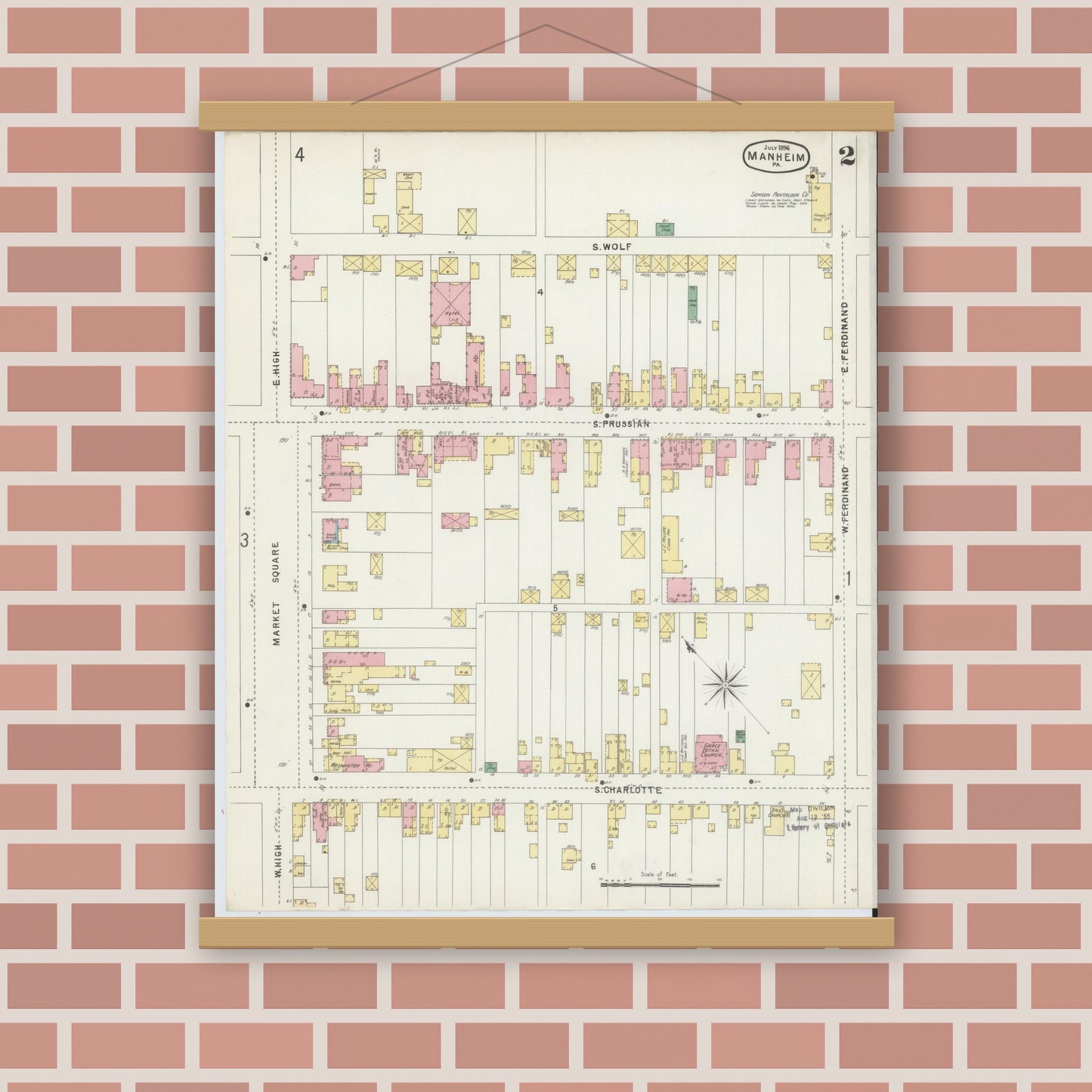 Old map wall art mockup — magnetic wood frame on brick wall — Sanborn Fire Insurance Map from Manheim, Lancaster County, Pennsylvania (1896), Sheet #0002