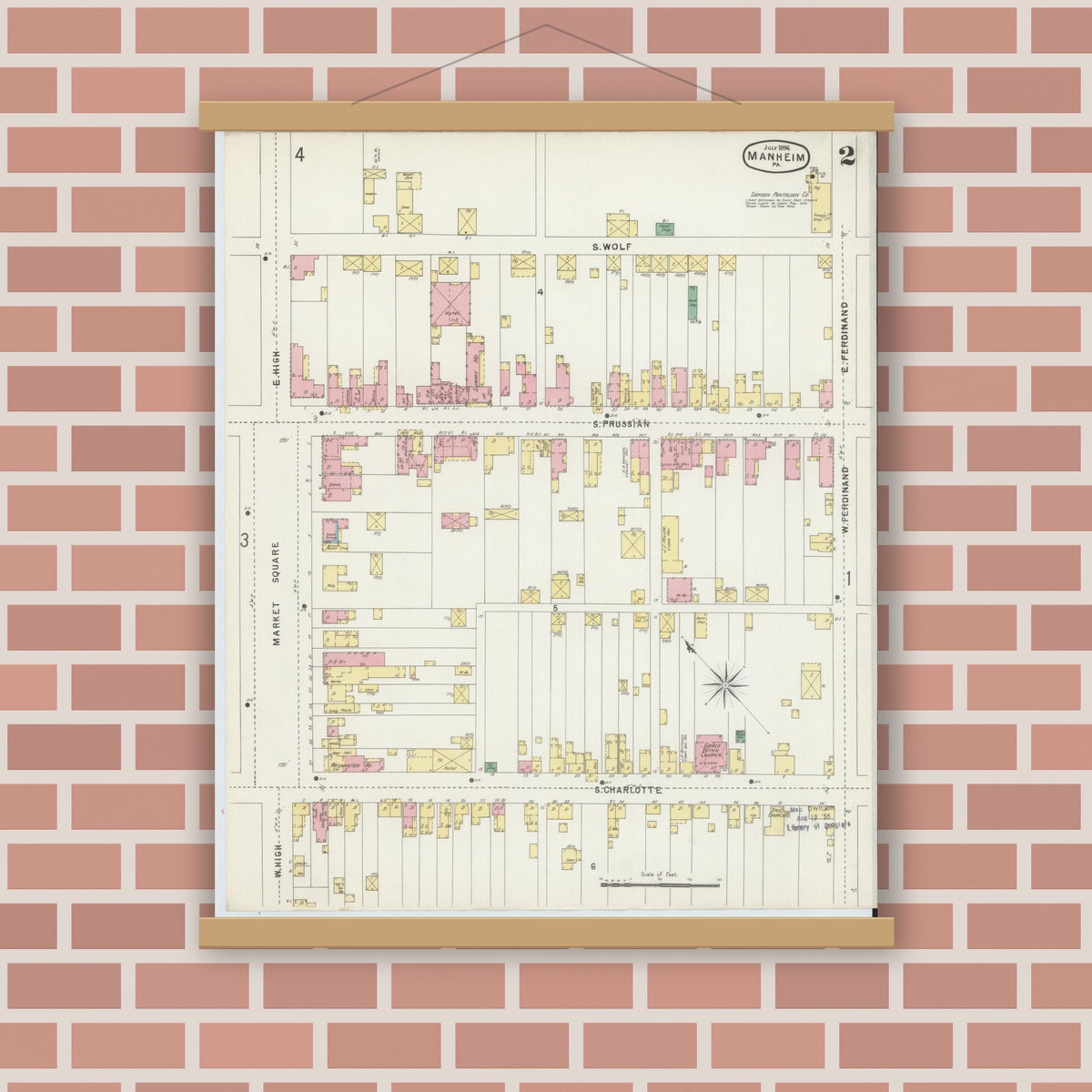 Old map wall art mockup — magnetic wood frame on brick wall — Sanborn Fire Insurance Map from Manheim, Lancaster County, Pennsylvania (1896), Sheet #0002