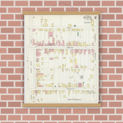 Old map wall art mockup — magnetic wood frame on brick wall — Sanborn Fire Insurance Map from Manheim, Lancaster County, Pennsylvania (1896), Sheet #0002