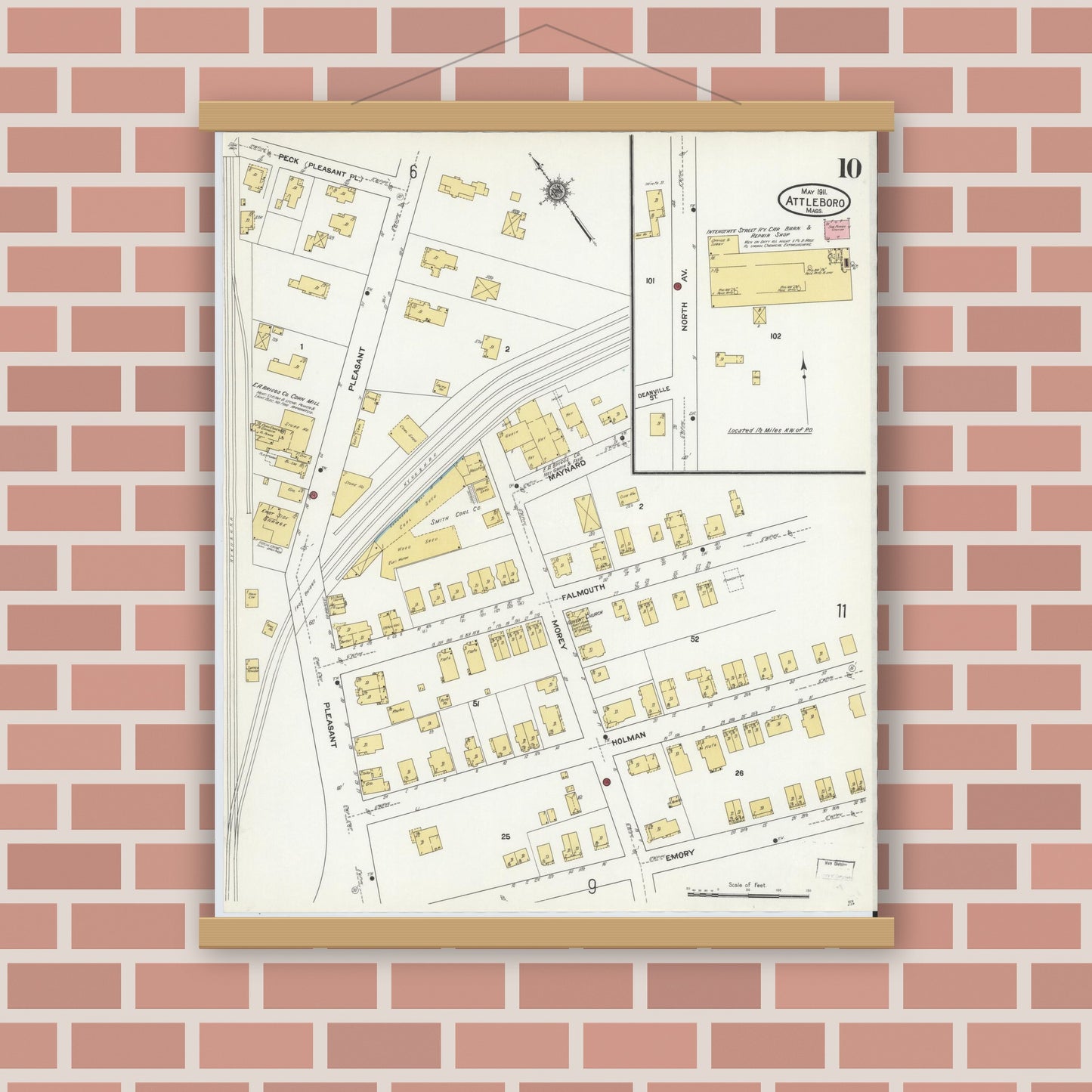 Old map wall art mockup — magnetic wood frame on brick wall — Sanborn Fire Insurance Map from Attleboro, Bristol County, Massachusetts (1911), Sheet #0010